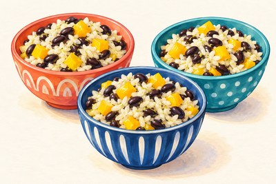 Cold rice salad with black beans and yellow pepper.