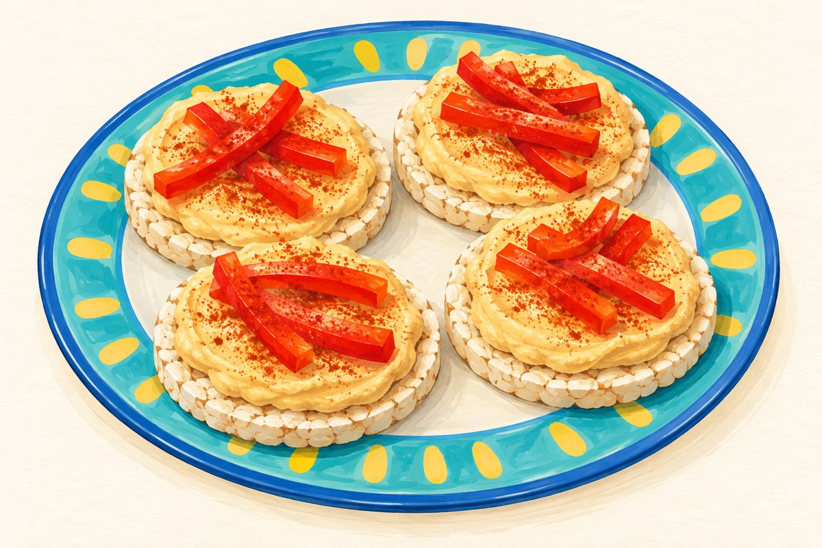Rice cakes with lemon hummus and red pepper strips.