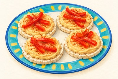 Rice cakes with lemon hummus and red pepper strips.