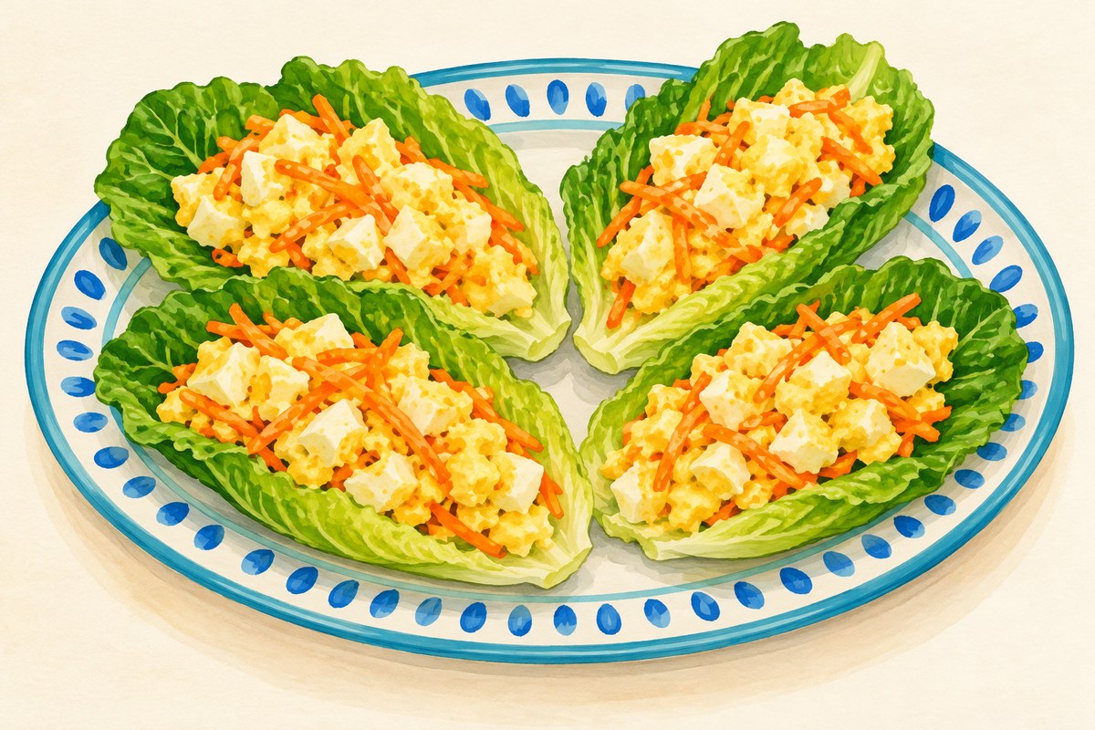 Lettuce cups filled with egg and carrot salad.