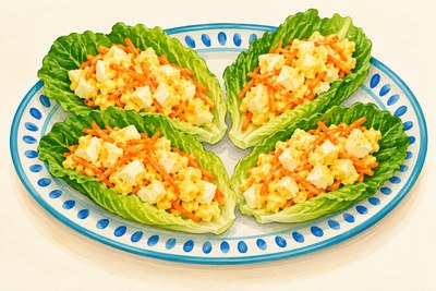 Lettuce cups filled with egg and carrot salad.