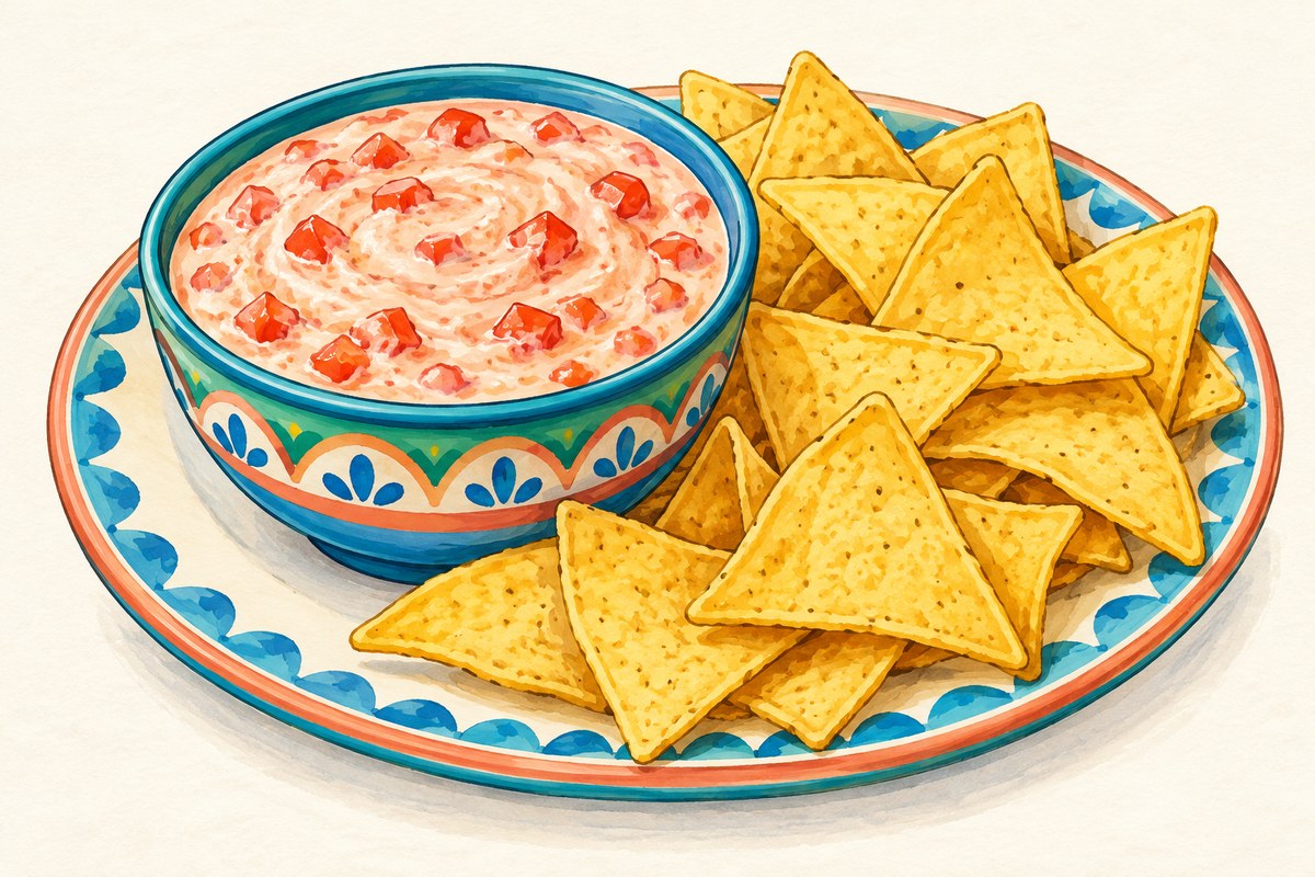 Mild salsa cream cheese dip with corn chips.