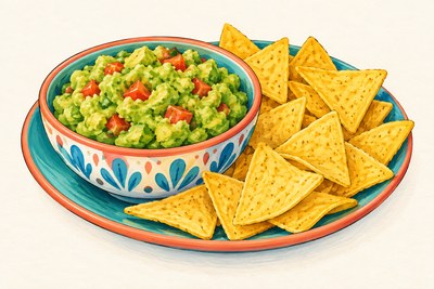 Chunky lime guacamole with corn tortilla chips.