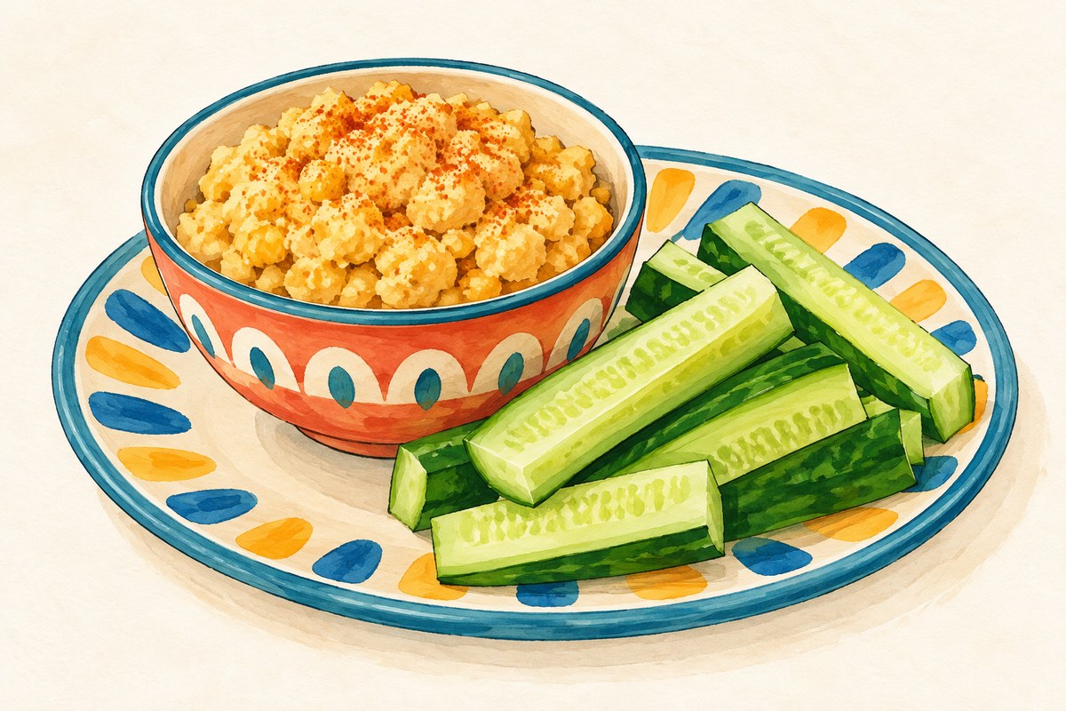 Lemony chickpea mash with cucumber sticks.