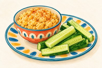 Lemony chickpea mash with cucumber sticks.