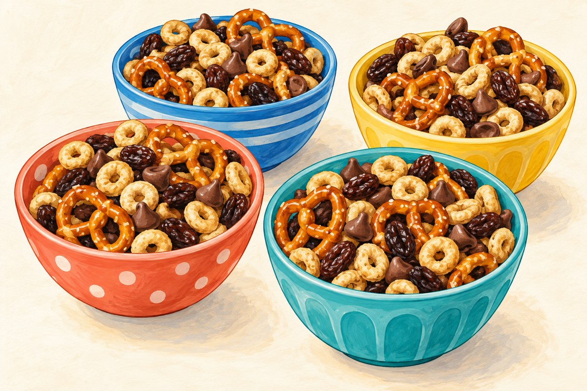 Oat cereal, pretzel, raisin and chocolate chip snack mix.