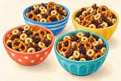 Oat cereal, pretzel, raisin and chocolate chip snack mix.