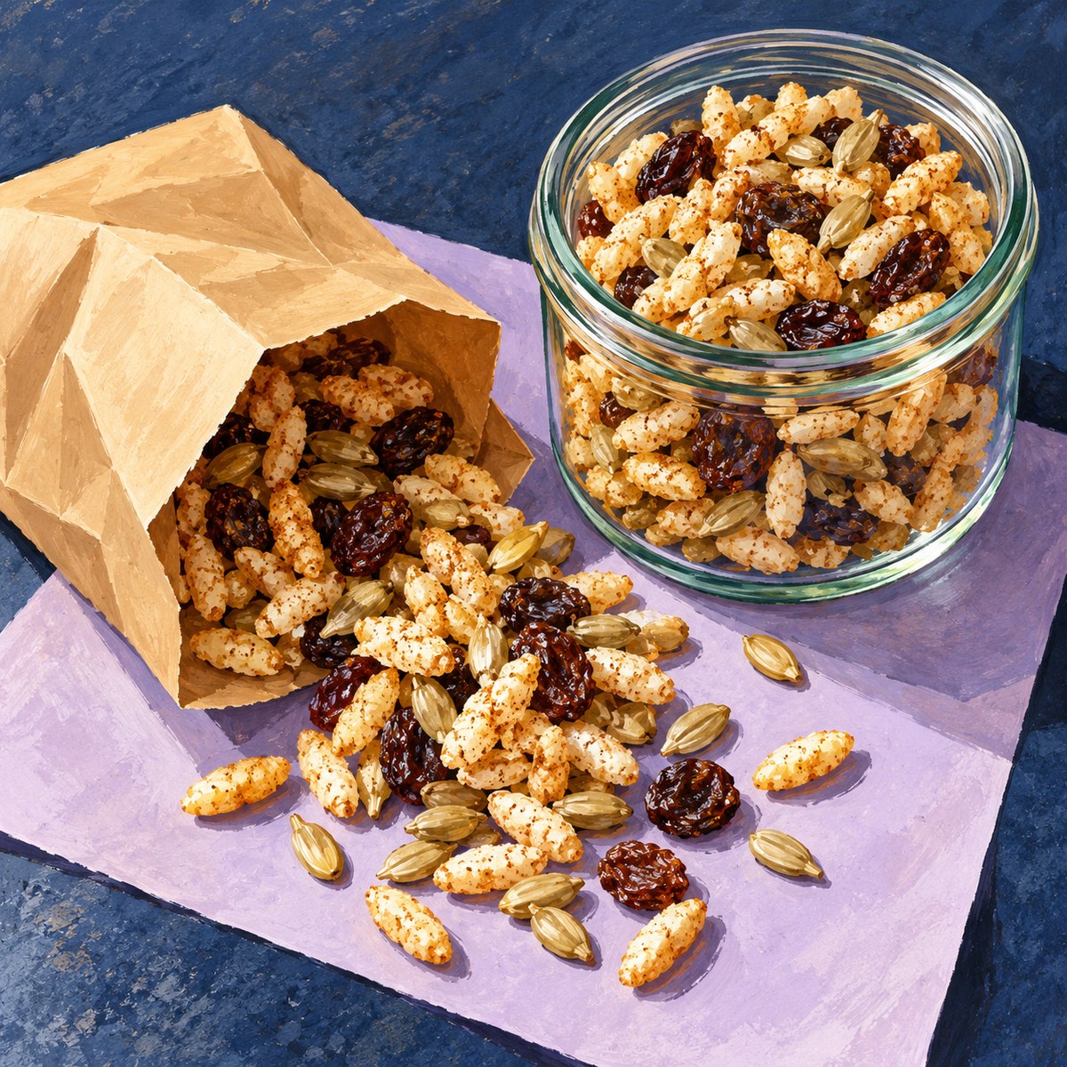 Cinnamon-coated puffed rice, raisins and sunflower kernels spill from a paper snack bag beside a clear jar.