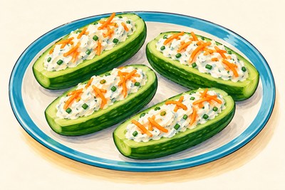 Cucumber boats with chive cream cheese and carrot.