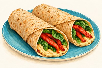 Hummus wraps with roasted red pepper and spinach.