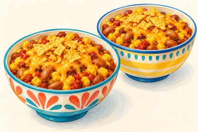 Warm bean, corn and cheddar bowls with crushed corn chips.