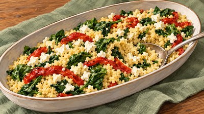 An elongated dish of couscous with spinach, roasted pepper strips and crumbled feta on sage linen.
