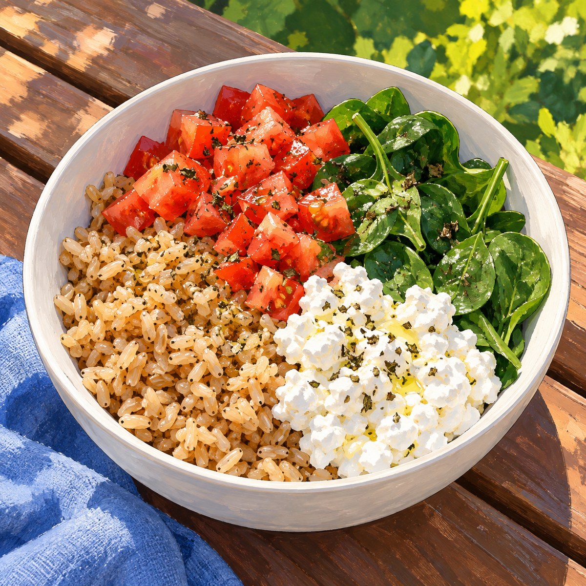 A close white bowl with brown rice, cottage cheese, diced tomato and spinach on an outdoor wooden table.