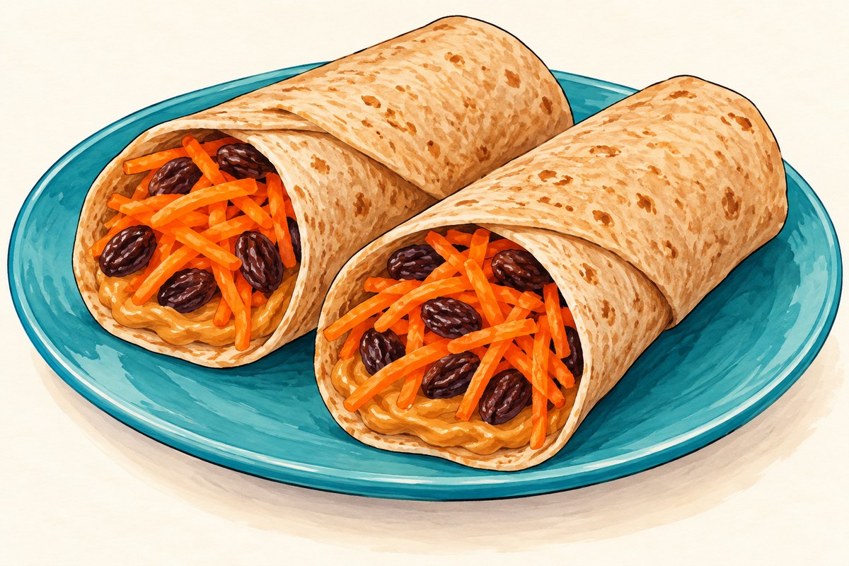 Peanut butter wraps with carrot and raisins.