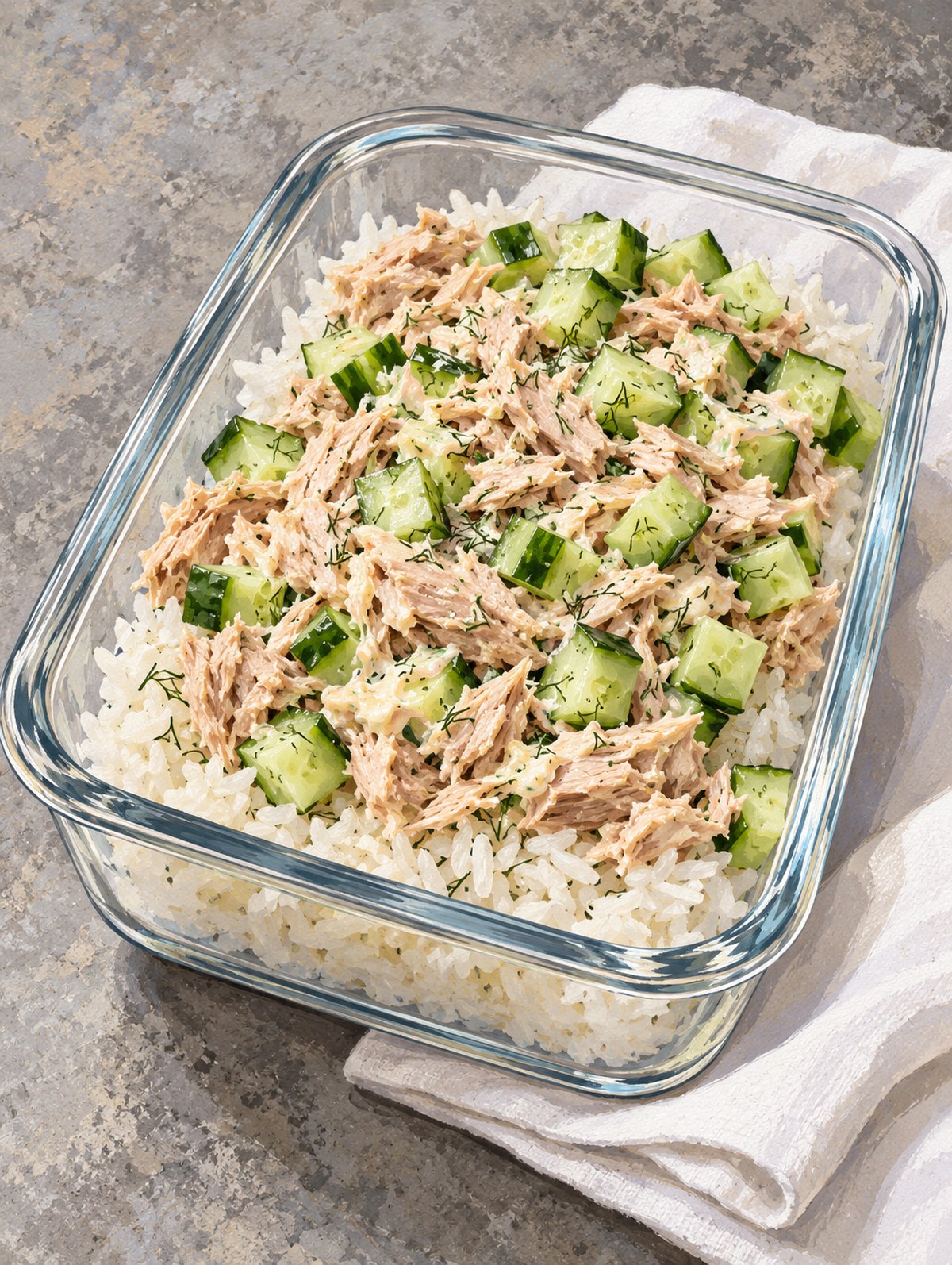 A glass lunch container with white rice, flaked tuna, cucumber cubes and fine dill on a stone counter.