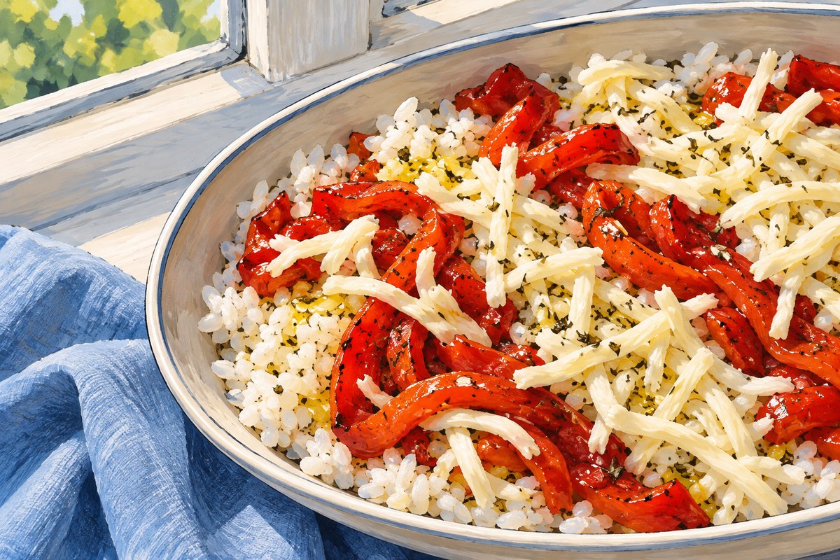 An oval dish of white rice, roasted red pepper strips and shredded mozzarella beside a bright window.