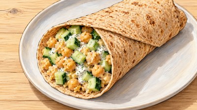 One whole-wheat wrap with chickpea, cucumber and mint-yogurt filling visible at its open end.