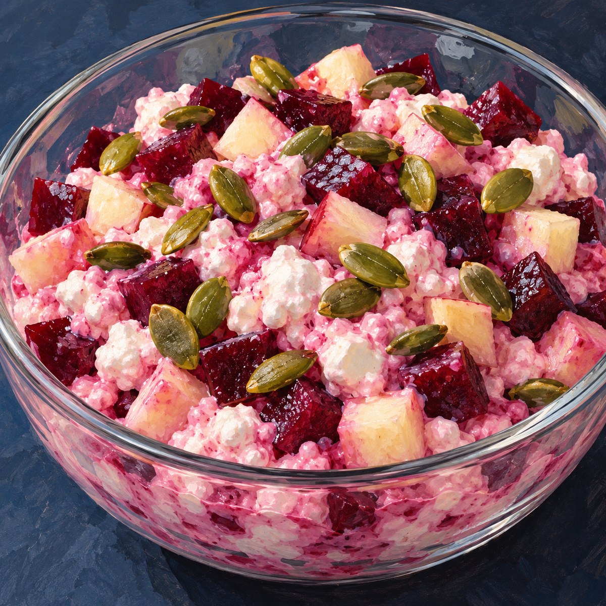 A close glass bowl of pink cottage cheese with beet cubes, apple pieces and green pumpkin seeds.