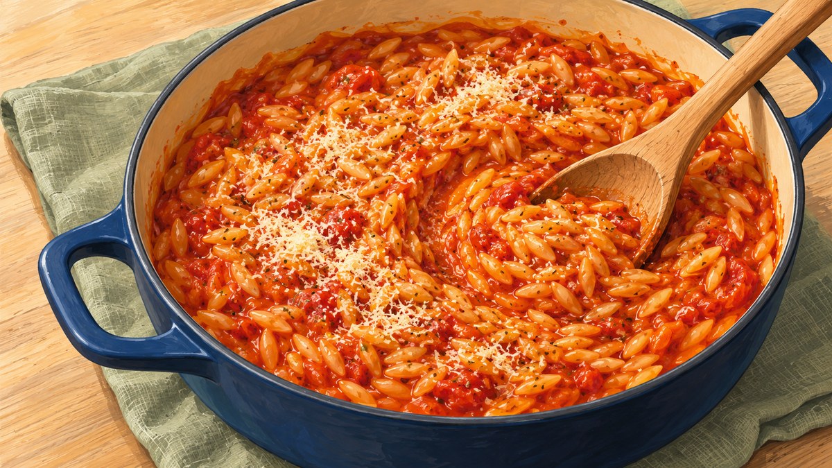 A shallow blue pan of tomato orzo with grated Parmesan and a wooden serving spoon.