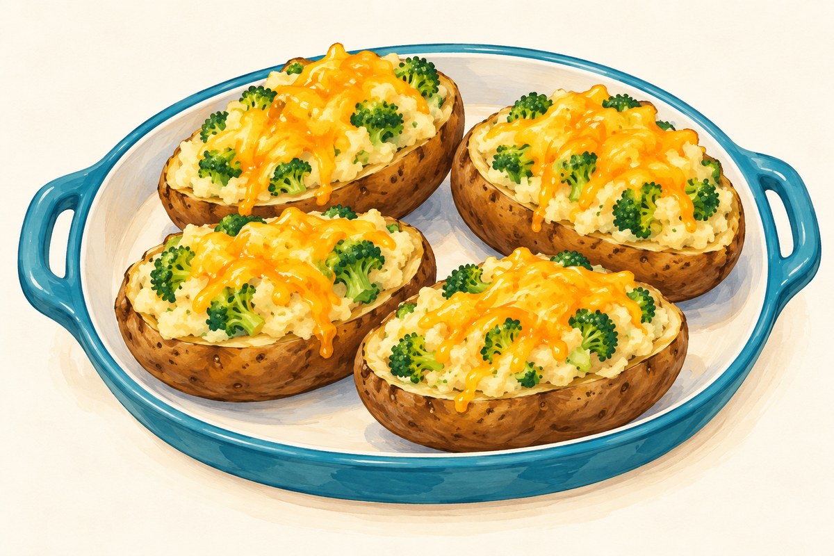 Four russet potato halves filled with mashed potato, small green broccoli pieces and melted orange cheddar.