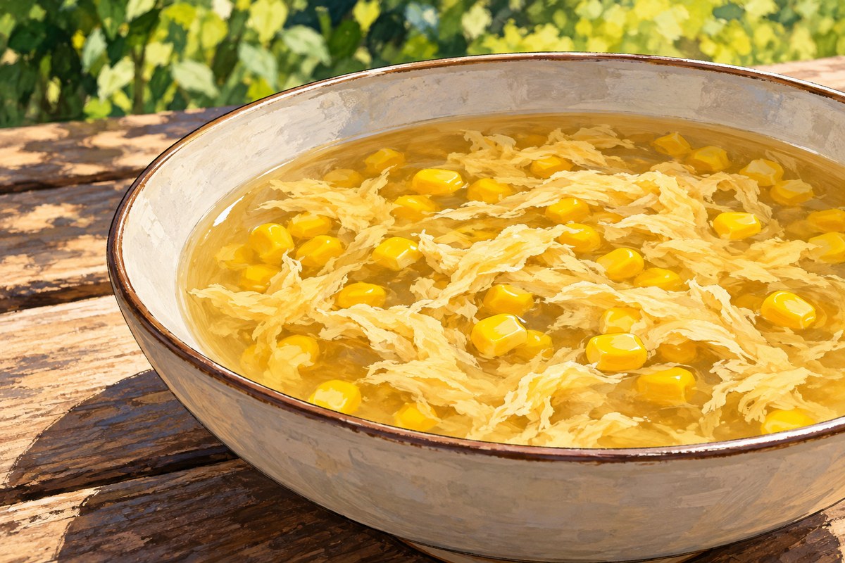 A shallow bowl of golden sweetcorn soup with thin cooked egg ribbons on a wooden garden table.