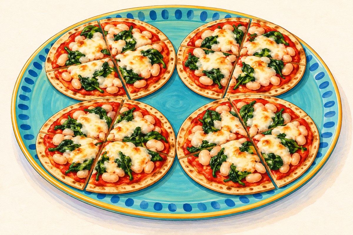 Four thin round tortilla pizzas with red sauce, white beans, green spinach pieces and melted mozzarella, each cut into wedges.