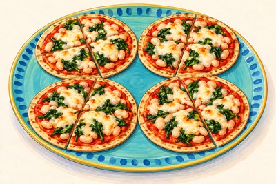 Four thin round tortilla pizzas with red sauce, white beans, green spinach pieces and melted mozzarella, each cut into wedges.