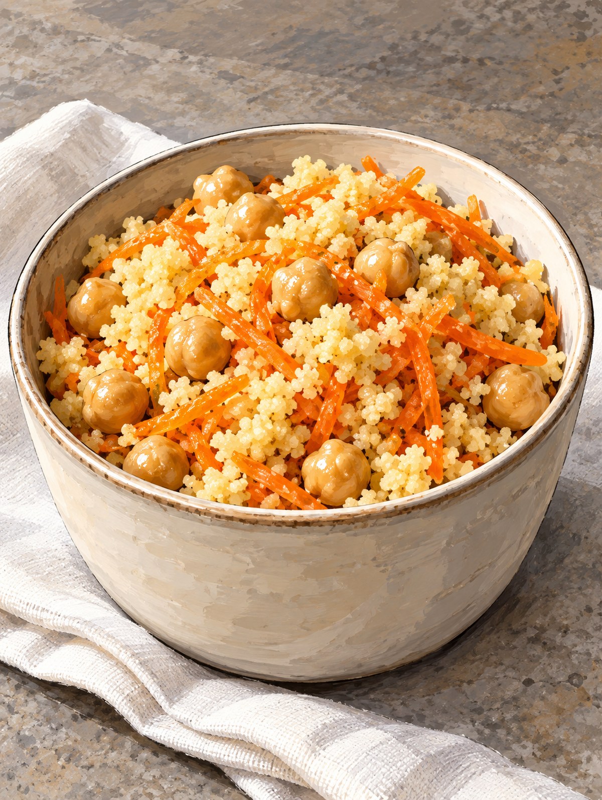 A deep cup of fluffy couscous with chickpeas and carrot shreds on pale linen.