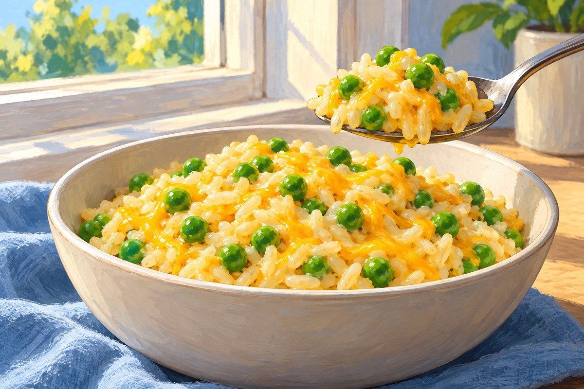 One plain bowl of cheesy rice and peas beside a sunny window, with a matching spoonful above it.