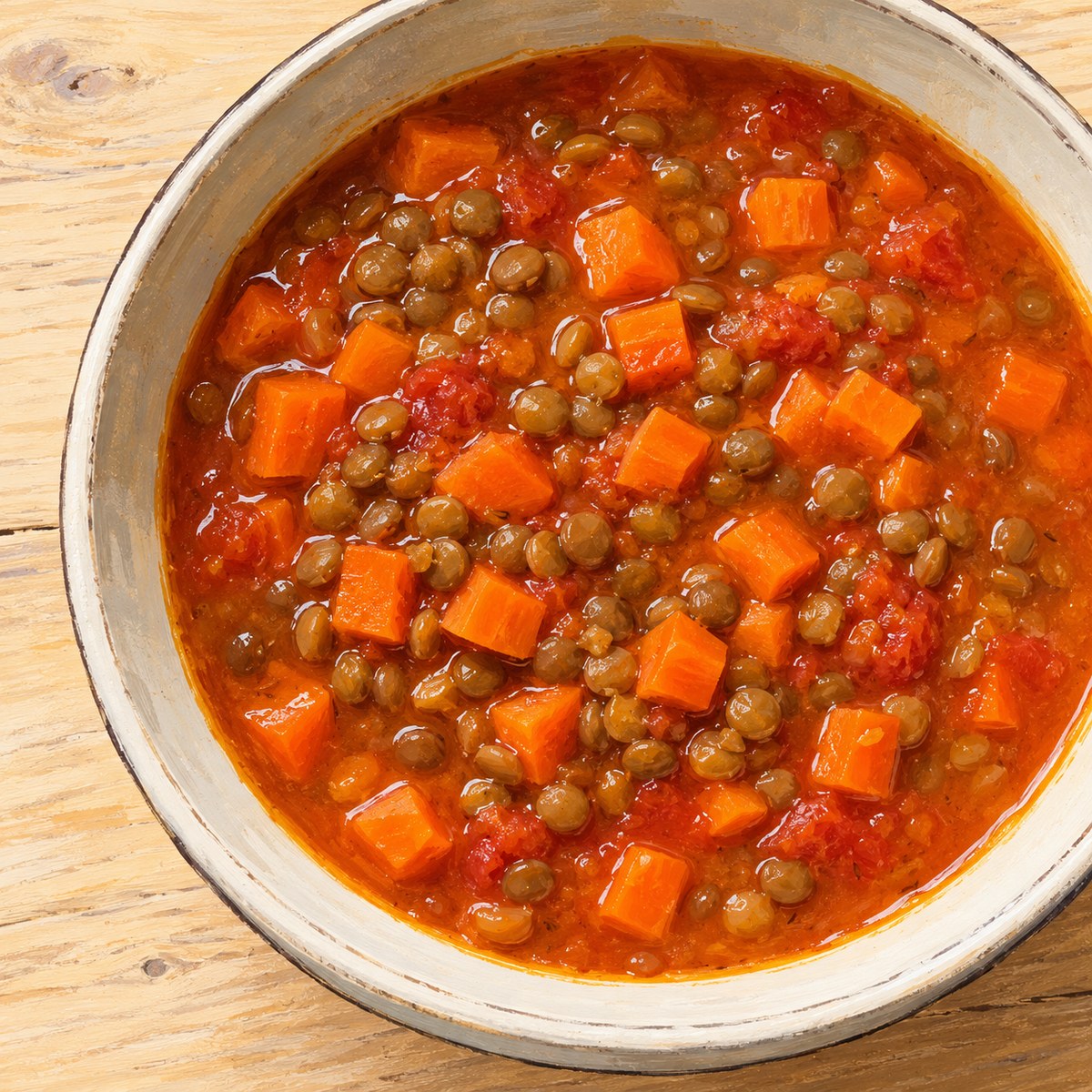 Close overhead view of carrot cubes and brown lentils in tomato soup, with the bowl rim partly cropped.