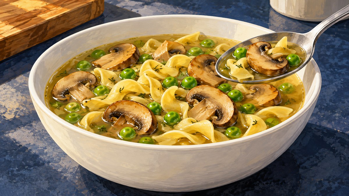 A deep white bowl of egg noodles, sliced mushrooms and peas in clear broth, with a spoonful at the rim.