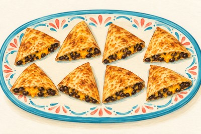 Eight crisp golden tortilla triangles with black-bean filling and melted cheddar visible at cut edges.