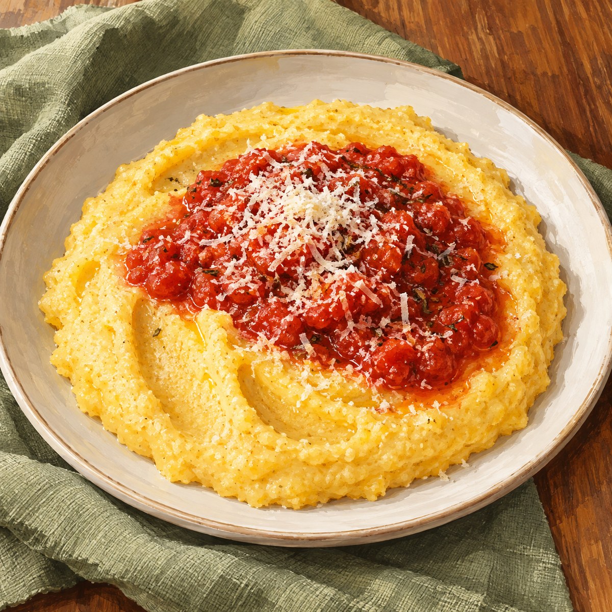 Soft yellow polenta on one plain plate, with central tomato sauce and fine grated Parmesan.