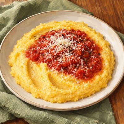 Soft yellow polenta on one plain plate, with central tomato sauce and fine grated Parmesan.