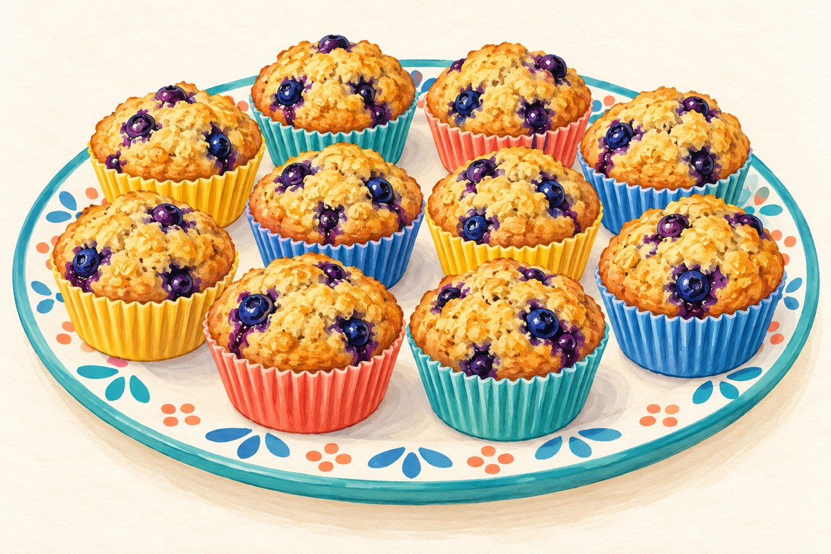 Twelve small golden oat muffins in paper liners, dotted with burst purple-blue blueberries.