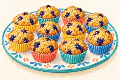Twelve small golden oat muffins in paper liners, dotted with burst purple-blue blueberries.