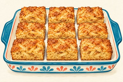 Nine golden apple cake squares with small apple shreds and cinnamon speckles, no icing or garnish.