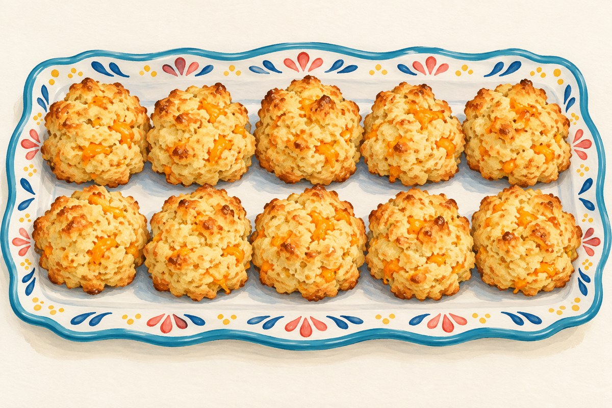 Ten irregular golden drop biscuits with visible orange cheddar flecks and crumbly tops.