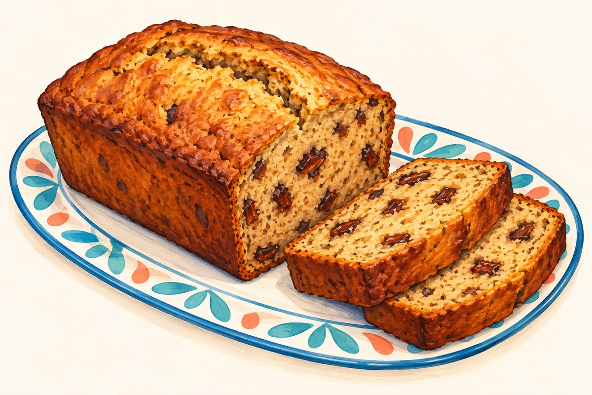 A golden banana-date loaf with two slices showing small dark date pieces.