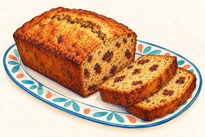 A golden banana-date loaf with two slices showing small dark date pieces.