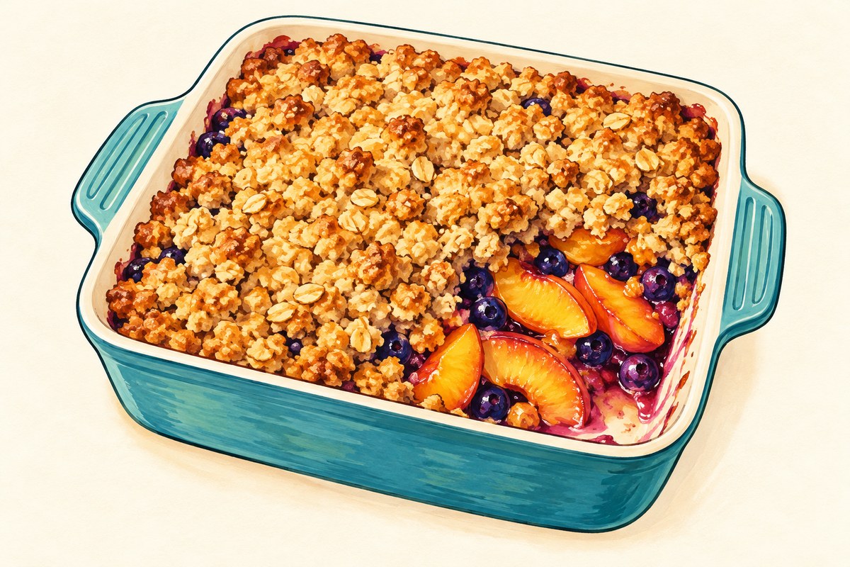A square baking dish of peach slices and blueberries under a golden chunky oat crumble, with one spooned-out portion.