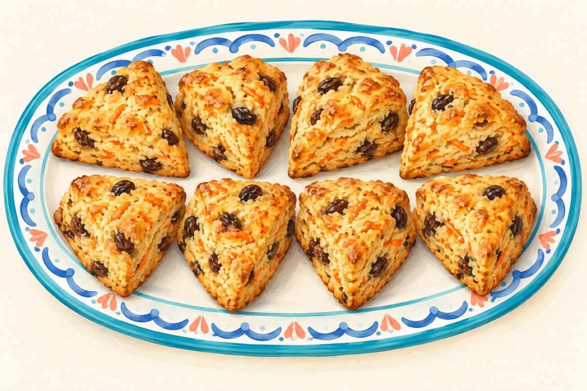 Eight small triangular golden scones with fine orange carrot shreds and dark raisins, no glaze.