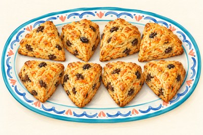 Eight small triangular golden scones with fine orange carrot shreds and dark raisins, no glaze.