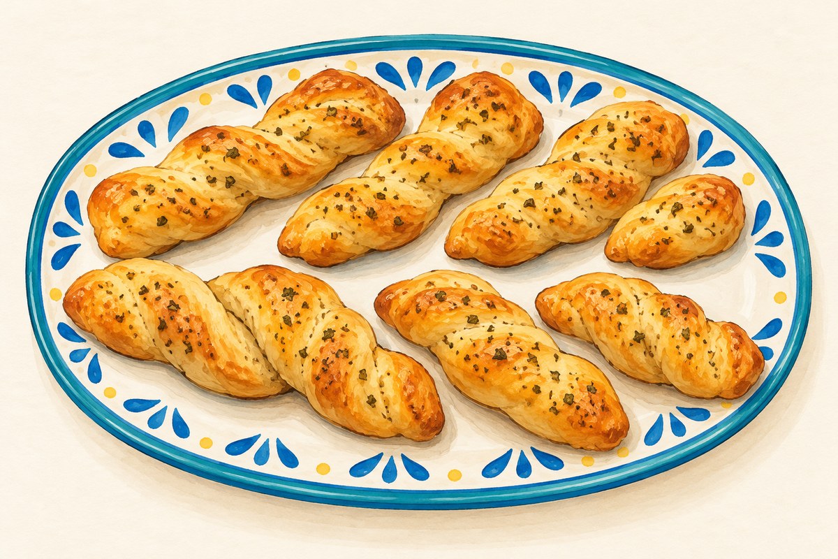 Eight short twisted golden breadsticks with visible dried oregano flecks.