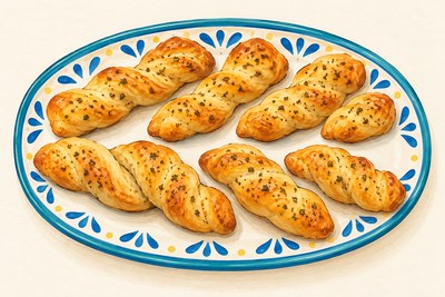 Eight short twisted golden breadsticks with visible dried oregano flecks.