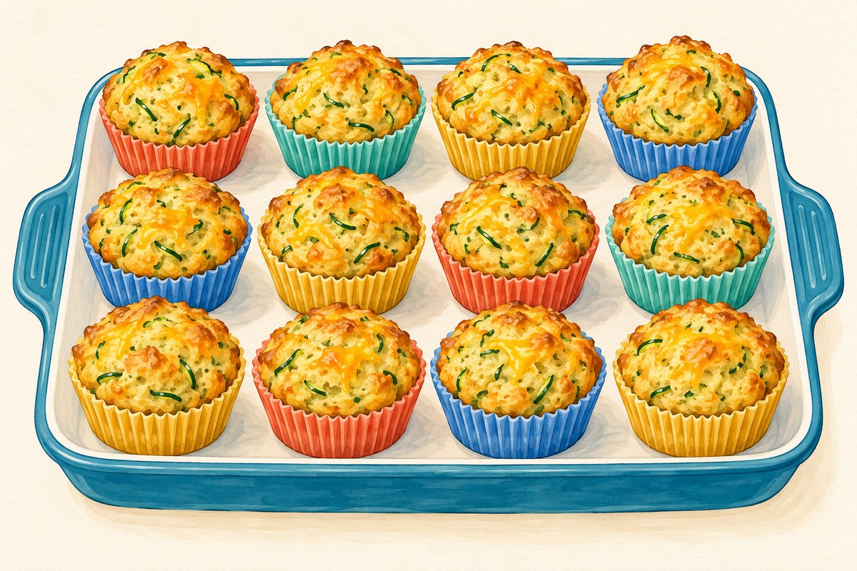 Twelve savory golden muffins in paper liners with fine green zucchini threads and melted cheddar flecks.