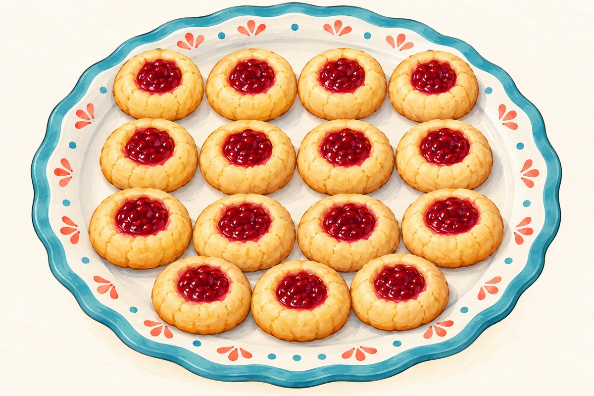 Sixteen small round pale-golden cookies with red raspberry-jam centers.