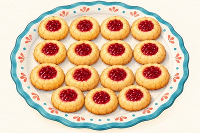 Sixteen small round pale-golden cookies with red raspberry-jam centers.