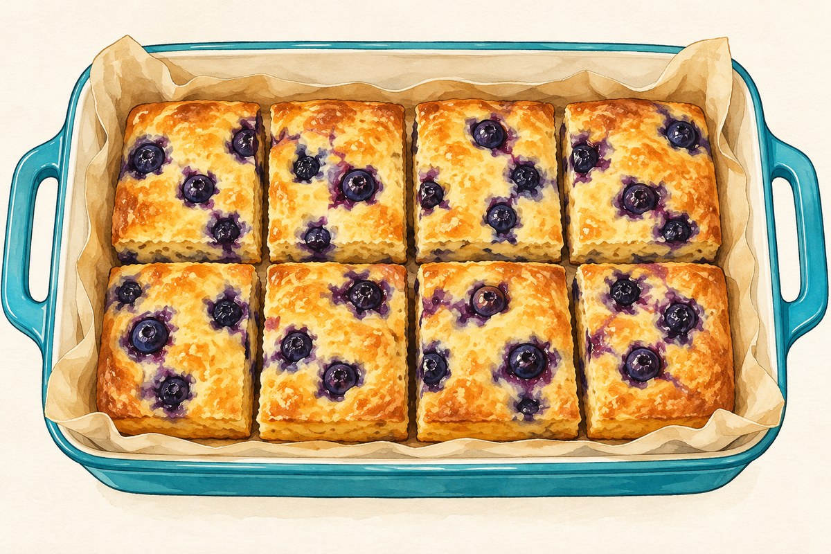 Eight rectangular golden baked pancake pieces dotted with blueberries, shown on parchment.