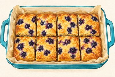 Eight rectangular golden baked pancake pieces dotted with blueberries, shown on parchment.